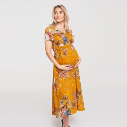 Těhotenské a kojící šaty RIONA krátký rukáv - mustard