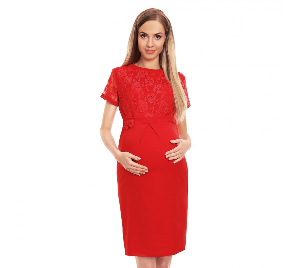 Luxusní těhotenské midišaty s krajkou Charm červená