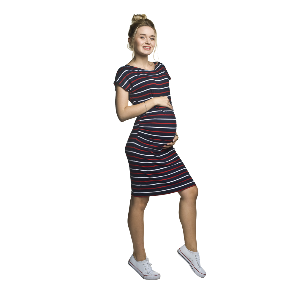Letní těhotenské šaty Zarita tm modré červený proužek